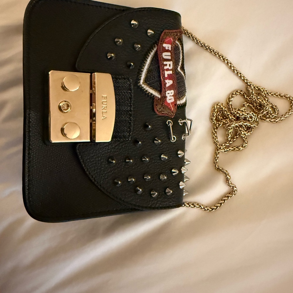 Vintage Furla Black and Gold Studded Crossbody Bag
